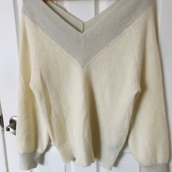White Silver Off-the-shoulder V Neck knit sweater - Picture 2 of 4
